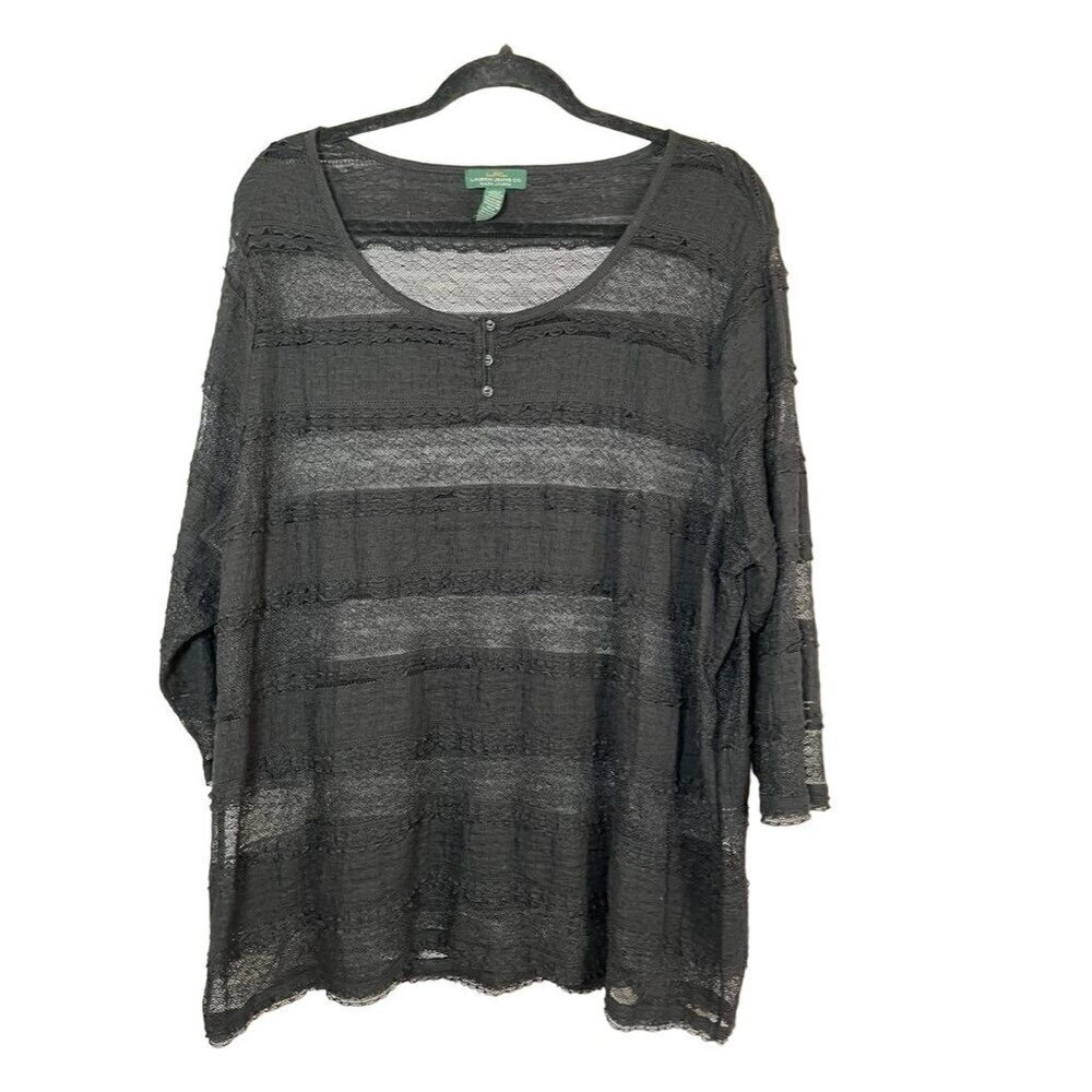 Lauren Ralph Lauren Black Sheer Striped Knit Henley Top - Picture 5 of 12